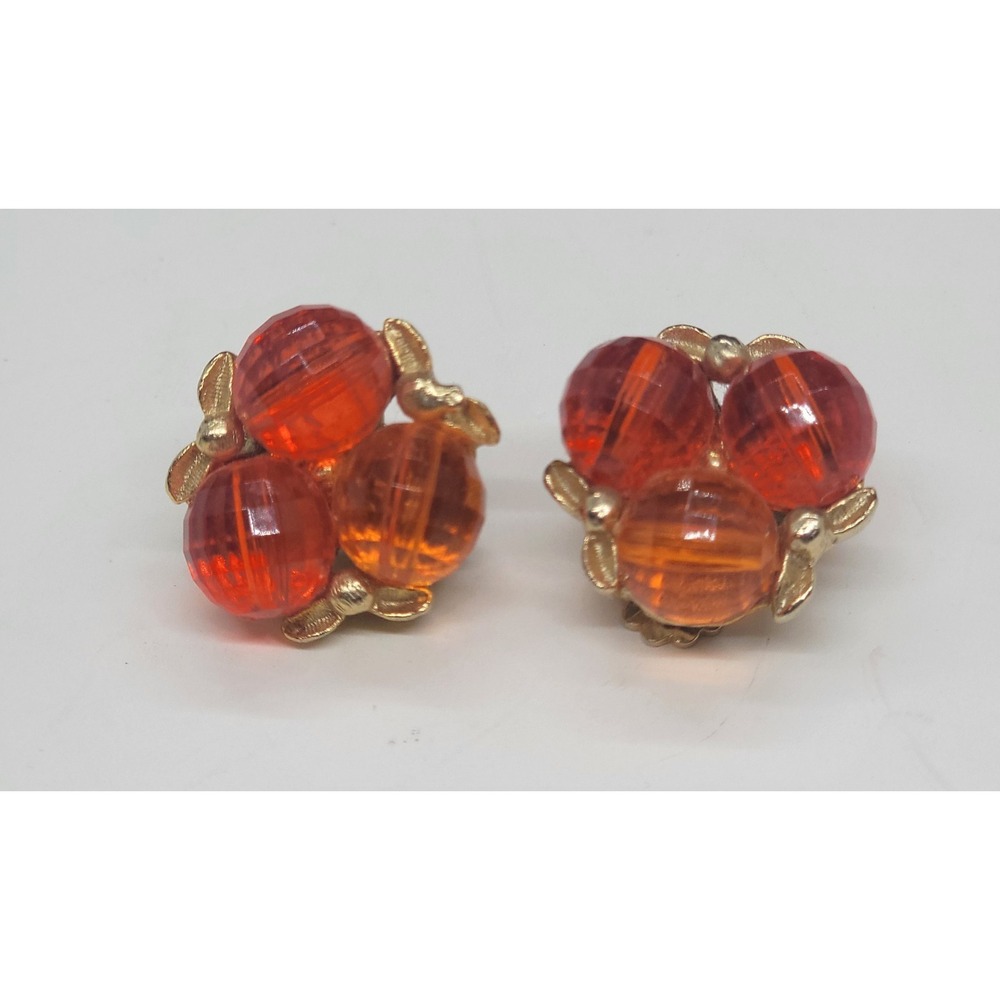 Vintage Pair Clip On Dark Orange Cluster Glass Beaded Earrings